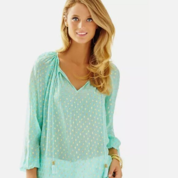 Lilly Pulitzer Silk Metalllic Dot Blouse Rilla Top Medium - Picture 1 of 13